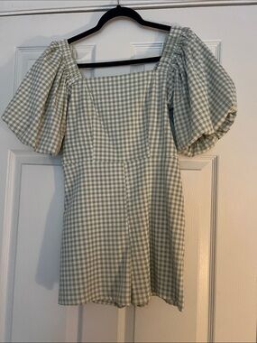 Square-Neck Gingham Mini Dress with Puff Sleeves - Sage Green